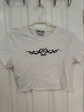 I.AM.GIA White Crop Tee with Black Tribal Heart